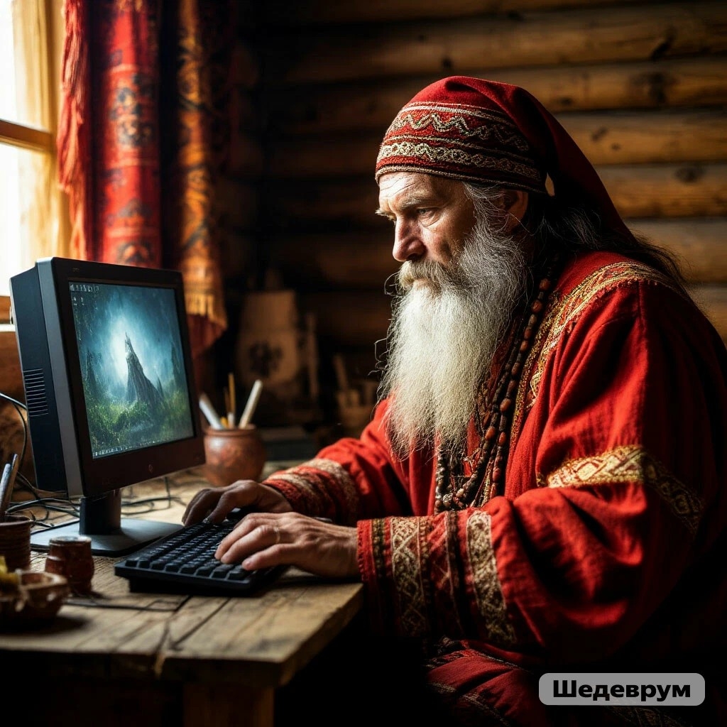 Язычник сидит за компютером